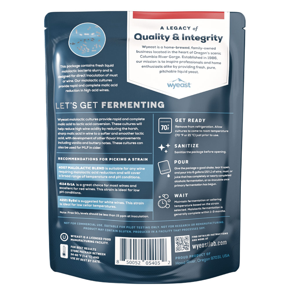 Wyeast 4007 Malolactic Cultures - Package Back