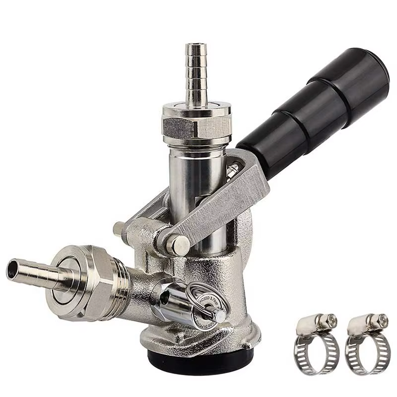 US Sanke D-System Keg Coupler with Stainless Steel Probe - Liquid & Gas Barbs with Hose Clamps
