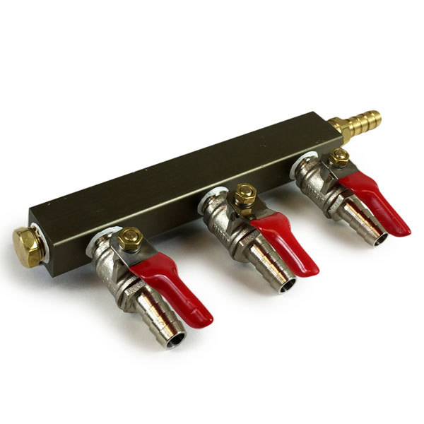 3-Way Gas Splitter/Manifold with Shutoff and Check Valves - 5/16 in. Barbed Fittings