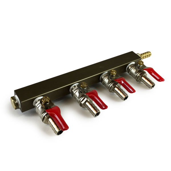 4-Way Gas Splitter/Manifold with Shutoff and Check Valves - 5/16 in. Barbed Fittings