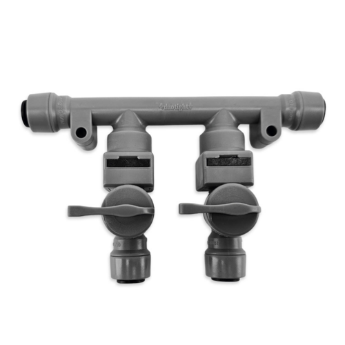 2-Way Duotight Gas Manifold with Check Valves — 8mm Push-In Tubing
